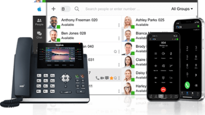3CX phone system interface displayed with a Yealink VoIP desk phone and mobile app on smartphones