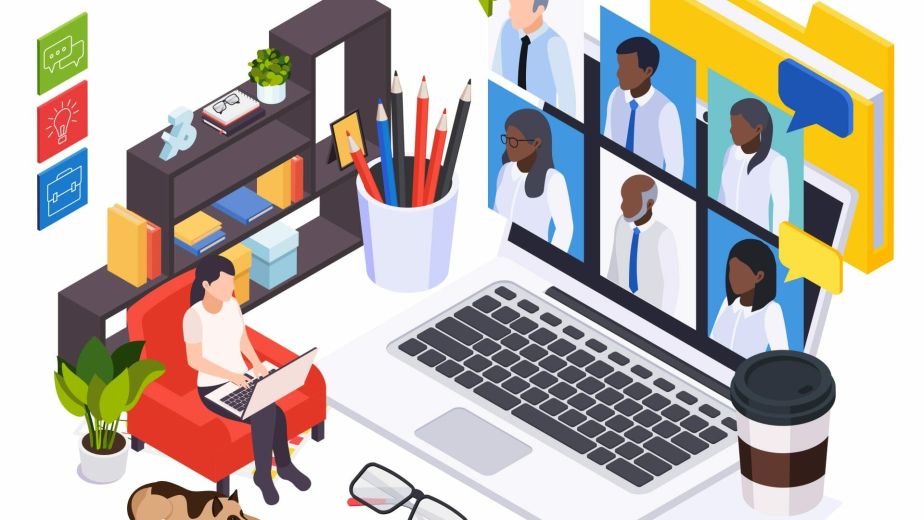 Isometric illustration of a remote worker on a video conference call with colleagues on a laptop.