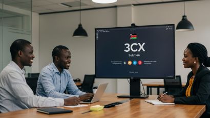 Colleagues in an office meeting around a screen displaying a 3CX Solution presentation.