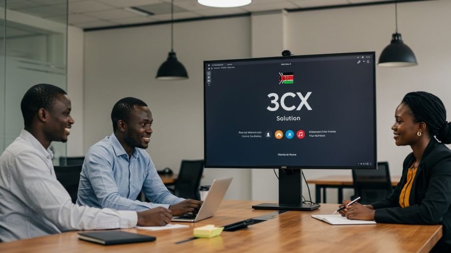 Colleagues in an office meeting around a screen displaying a 3CX Solution presentation.