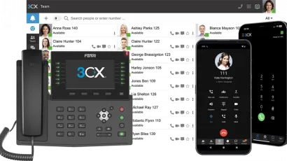 3CX VoIP phone system interface shown across a desktop screen, Fanvil desk phone, and mobile devices.