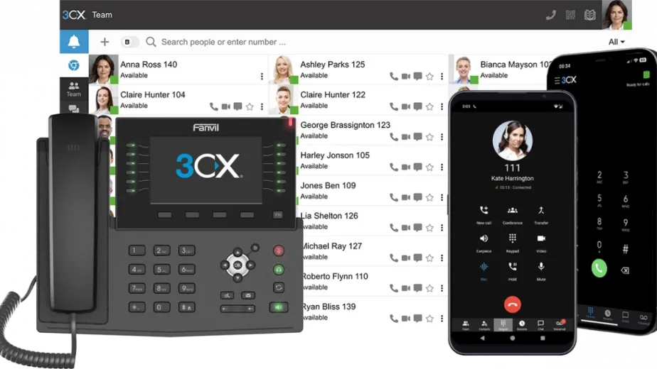 3CX VoIP phone system interface shown across a desktop screen, Fanvil desk phone, and mobile devices.