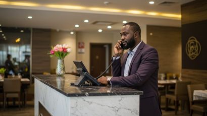 Hotel receptionist in a suit talking on a PBX desk phone at the front desk