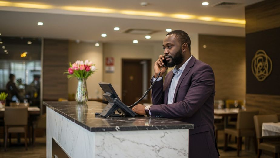 Hotel receptionist in a suit talking on a PBX desk phone at the front desk