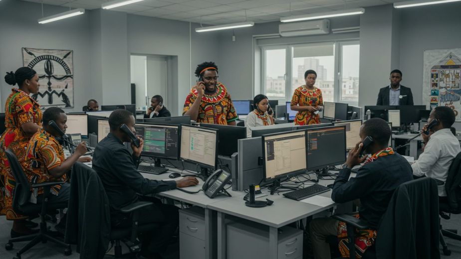 Call centre experts answering calls at computer workstations in a busy open-plan customer service office.