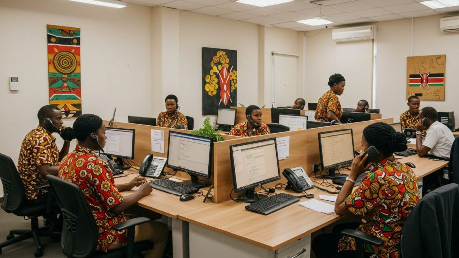 Call centre agents taking calls using headsets at computer workstations