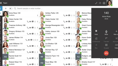 3CX desktop app interface showing team contact directory and active call controls