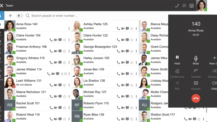 3CX desktop app interface showing team contact directory and active call controls