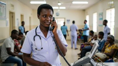 Nurse talking on a hospital PBX telephone in a busy clinic waiting area