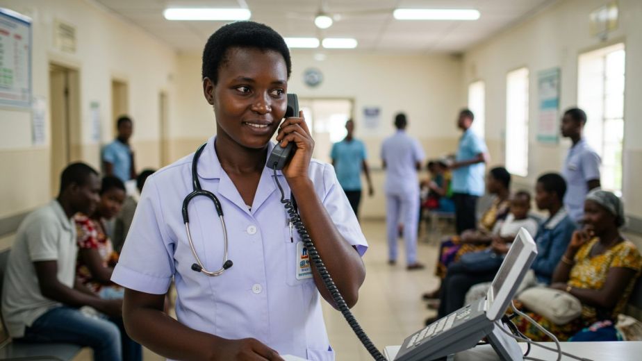 Nurse talking on a hospital PBX telephone in a busy clinic waiting area