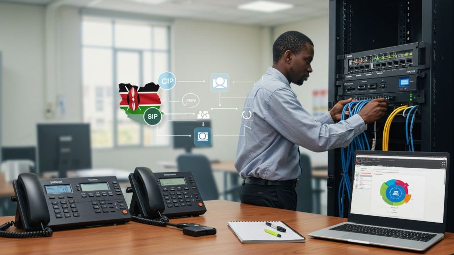 Technician installing a PBX server rack beside VoIP desk phones and a laptop in Kenya.