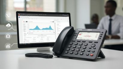 Fanvil IP phone on an office desk next to a computer monitor showing a call management system.