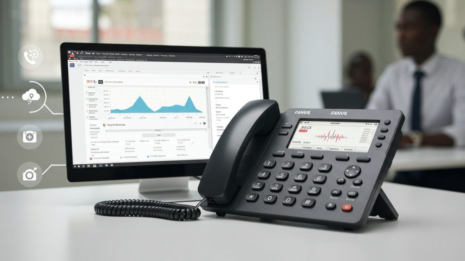 Fanvil IP phone on an office desk next to a computer monitor showing a call management system.