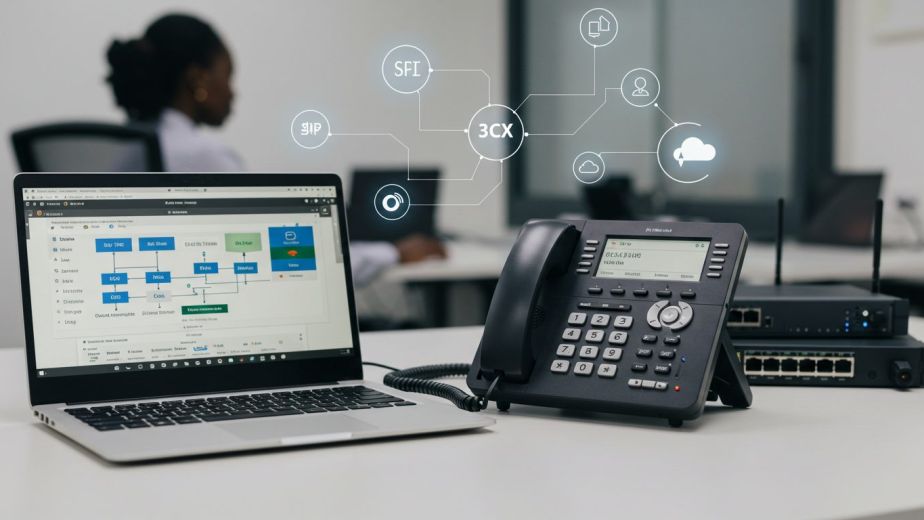 VoIP desk phone and laptop displaying 3CX cloud PBX phone system software in an office