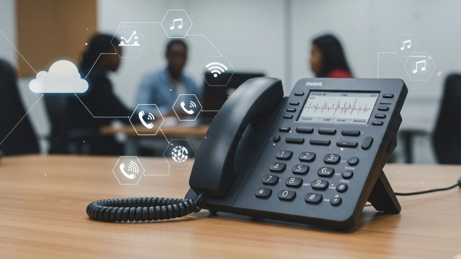 Fanvil VoIP phone on an office desk with cloud telephony icons and colleagues in the background.