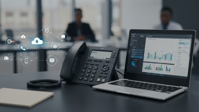 VoIP telephone on an office desk next to an open laptop with cloud telephony icons overlaid.