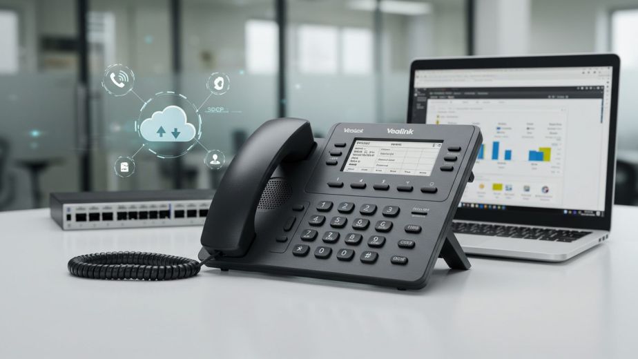 Yealink IP phone on an office desk beside a laptop and network switch with a cloud VoIP graphic.