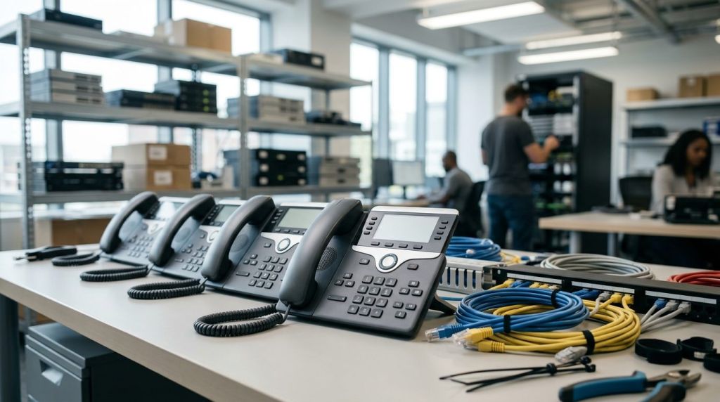 Enterprise IP phones being provisioned for a multi-branch VoIP rollout.