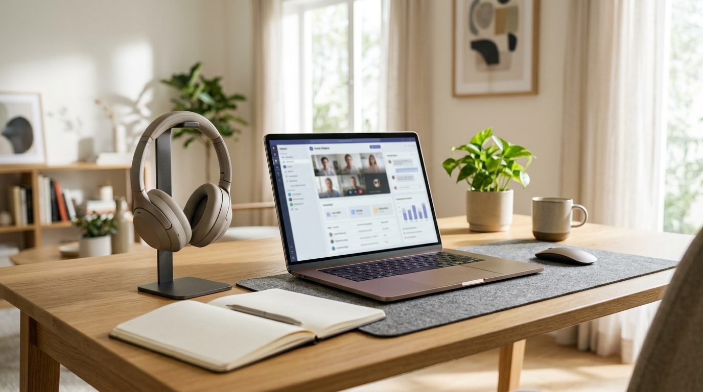 Home office workspace with laptop and headset running 3CX for remote teams communications.
