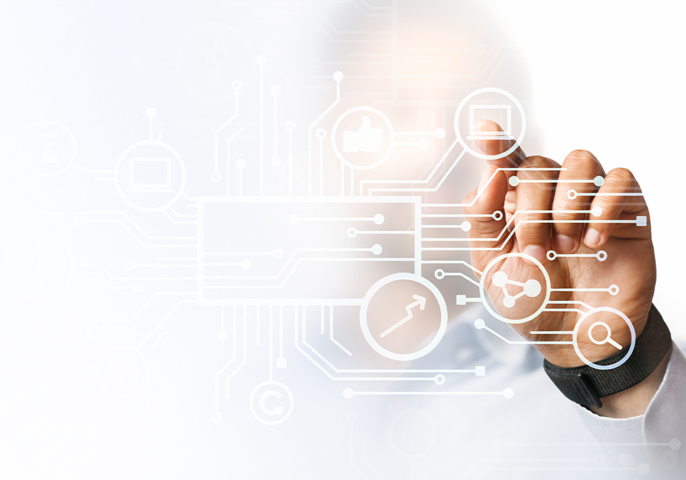 Person interacting with a digital data interface featuring circuit lines and technology icons