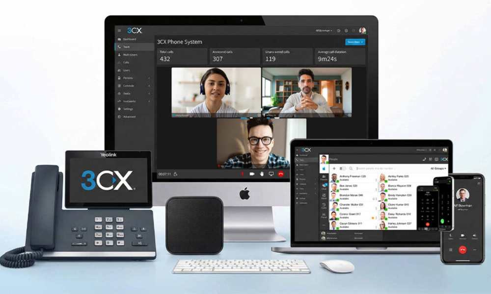 3CX phone system interface displayed on an iMac, laptop, smartphone, and Yealink desk phone.