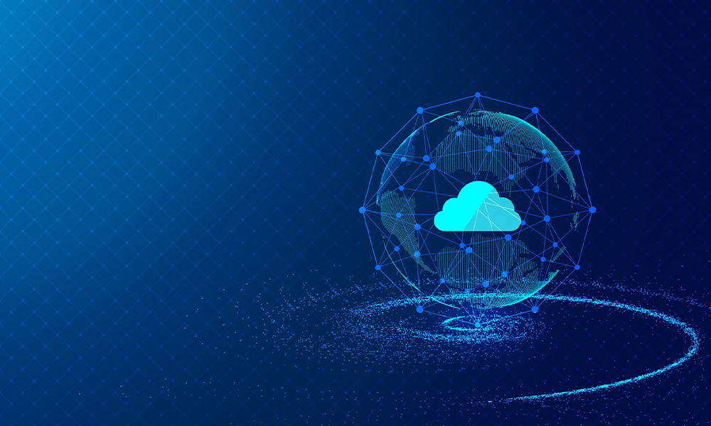 Digital cloud icon inside a networked globe, representing global cloud computing infrastructure.