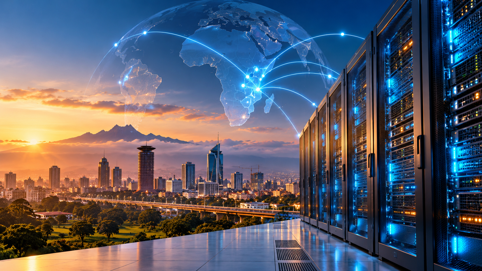 Data centre servers beside the Nairobi skyline with a glowing digital network connected across Africa.