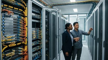 Enterprise server rack running network cabling for an airtel sip trunk integration.
