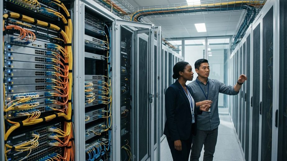 Enterprise server rack running network cabling for an airtel sip trunk integration.