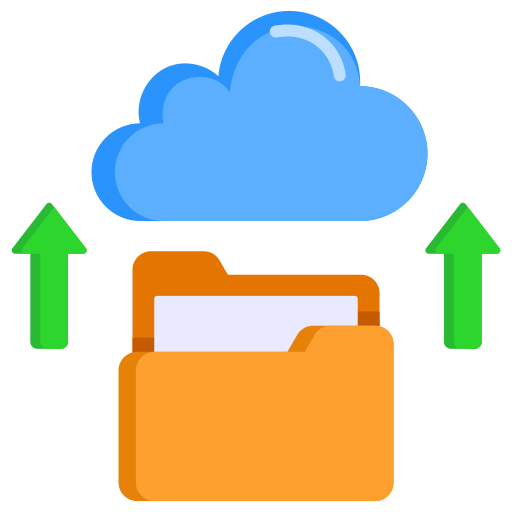 Illustration of a file folder uploading to a blue cloud with green arrows, representing cloud backup