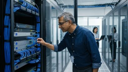 Senior network engineer inspecting telecommunications switches to identify the best installers for enterprise VoIP.
