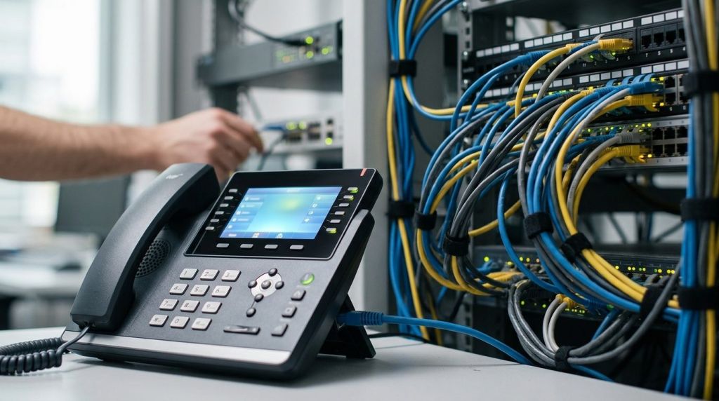Enterprise IP desk phone and network hardware managed by a call center solution provider.