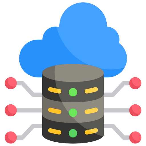Cloud database server icon with network connections in front of a blue cloud.