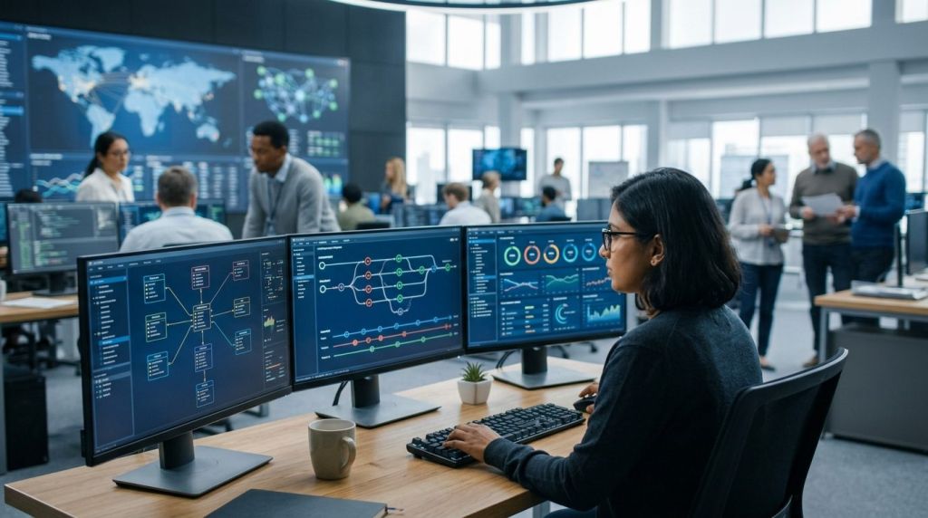 DevOps engineer monitoring automated test data masking and pipeline delivery workflows.