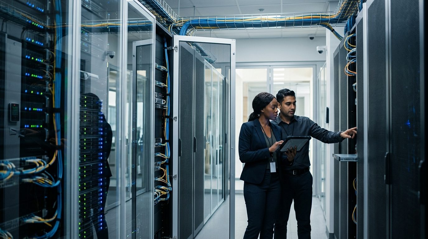 Enterprise server room infrastructure secured with delphix data masking protocols.