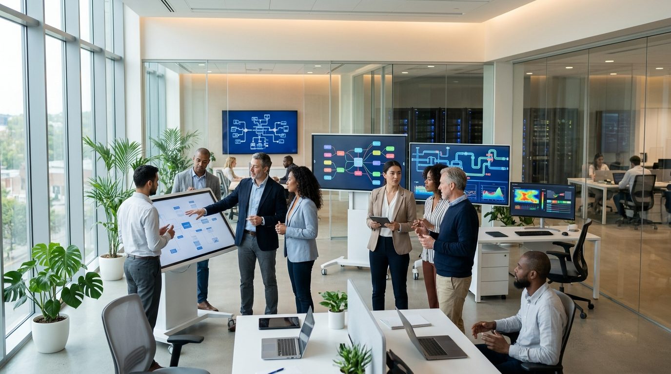IT and operations leaders reviewing enterprise ai workflow automation architecture in a corporate operations centre.