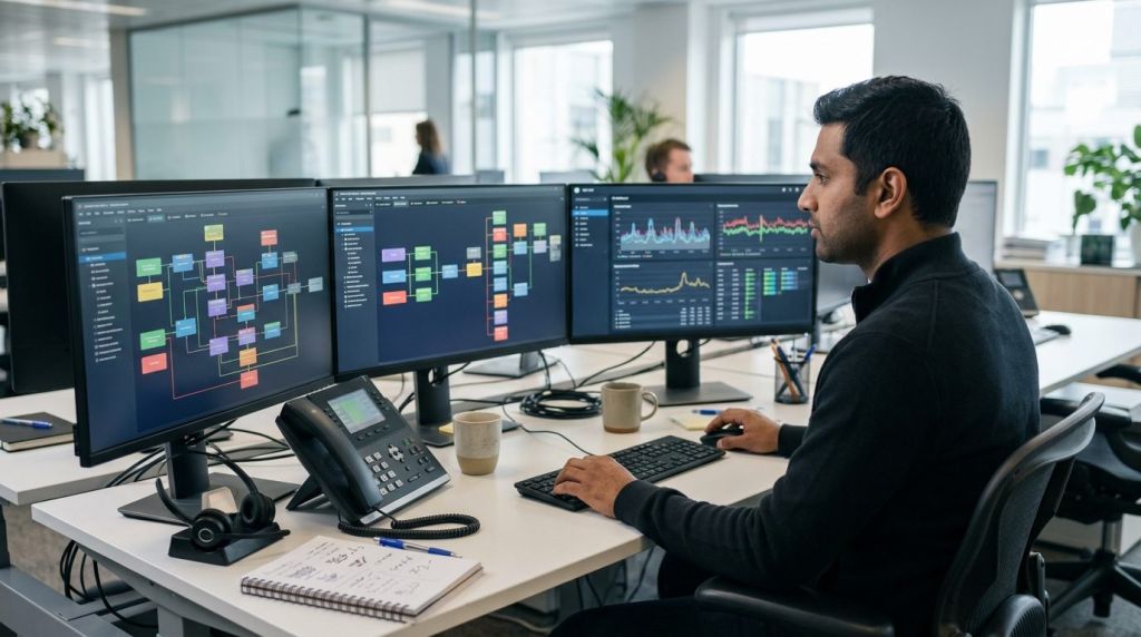 IT specialist managing business voice services and network call routing on workstation displays.