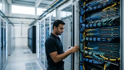 Enterprise call services infrastructure rack with glowing network switches and patch panels.