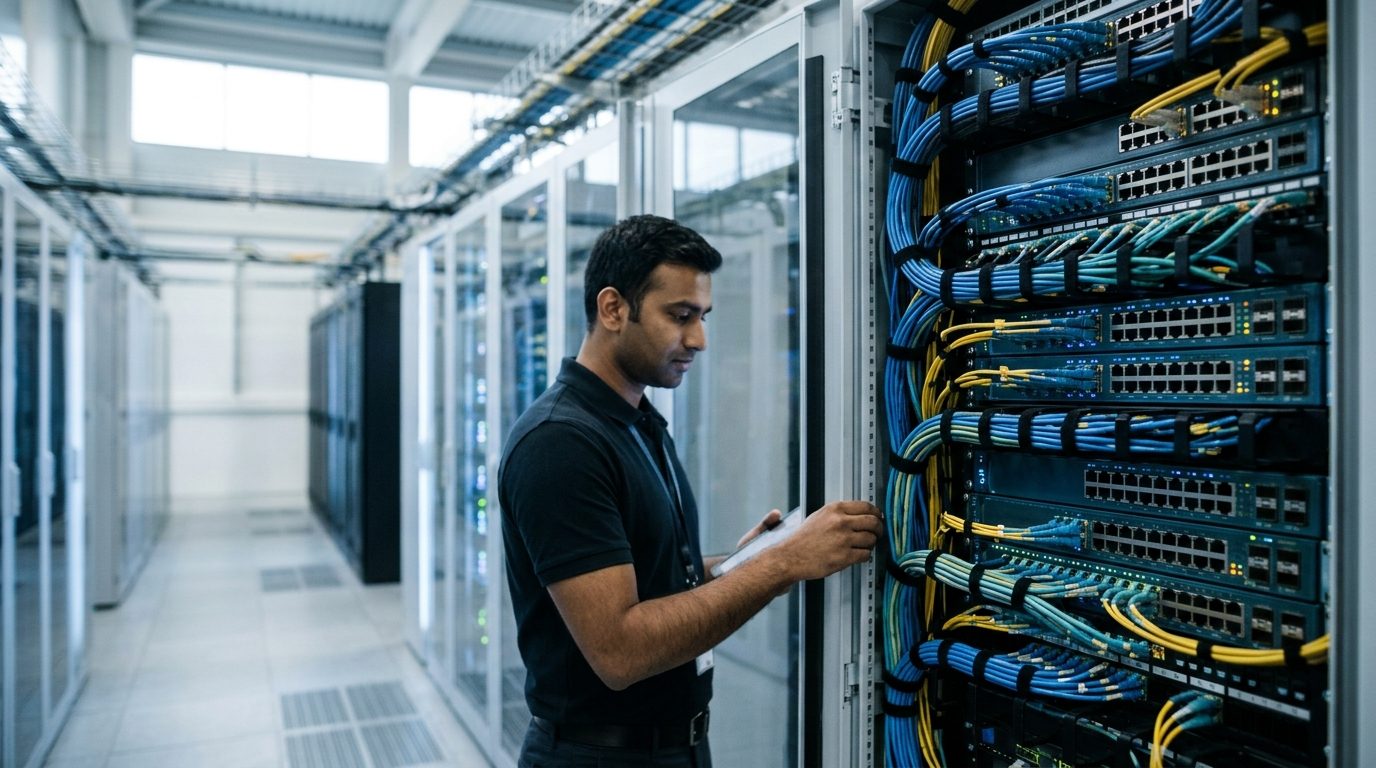 Enterprise call services infrastructure rack with glowing network switches and patch panels.