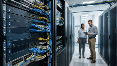 Enterprise server rack running network switches and cloud phone service gateways.