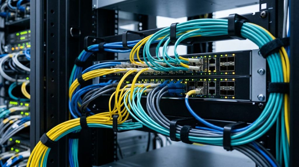 Enterprise network switch and firewall interfaces with structured cabling.