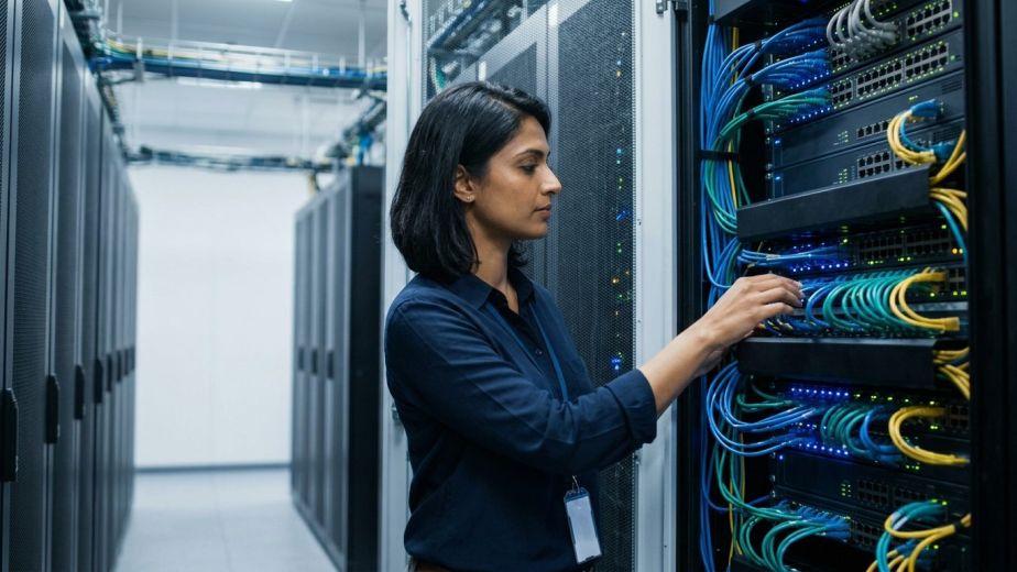 Server rack with enterprise hardware during a Fortinet firewall deployment.