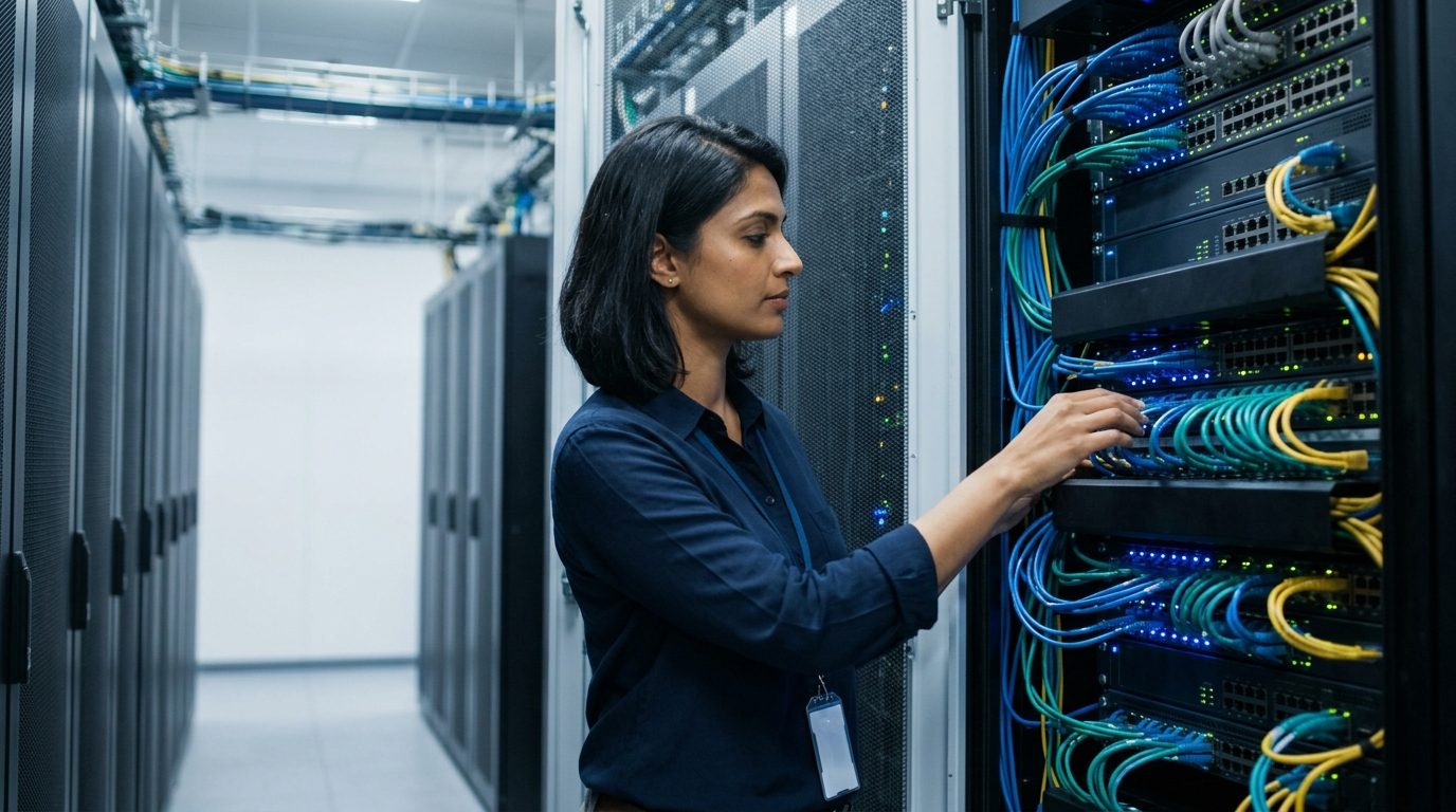 Server rack with enterprise hardware during a Fortinet firewall deployment.