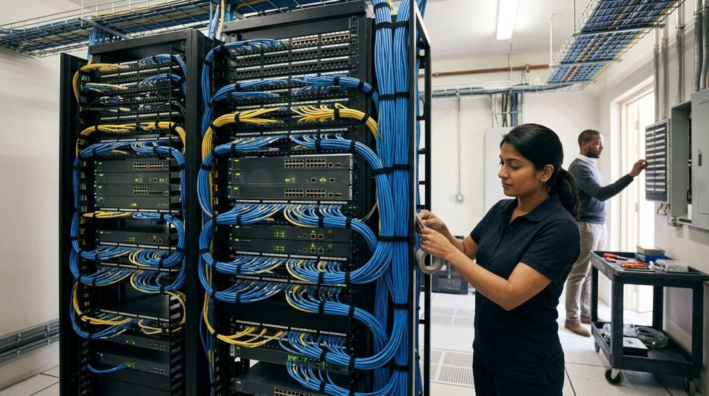 High-density FXS gateways and VoIP infrastructure powering a hotel telephone system migration.