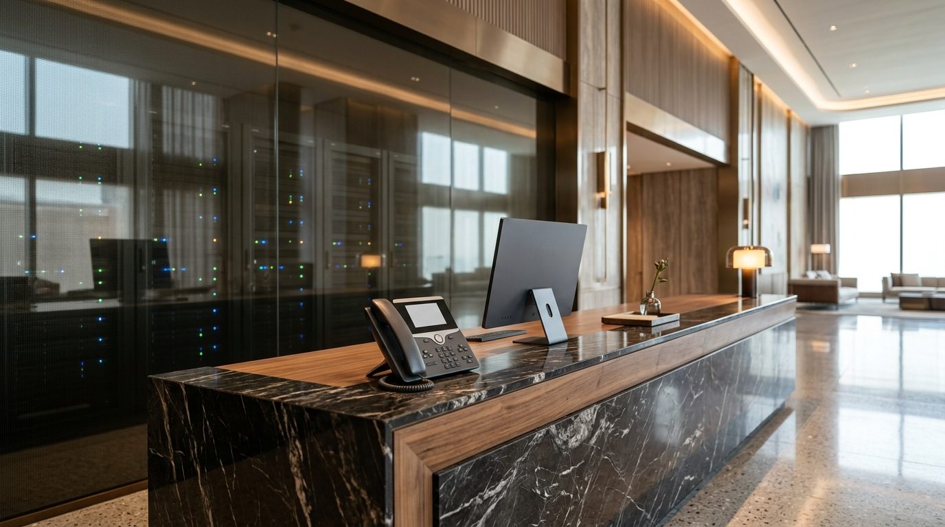 Hospitality cloud PBX terminal deployed on a luxury hotel reception desk overlooking modern lobby.