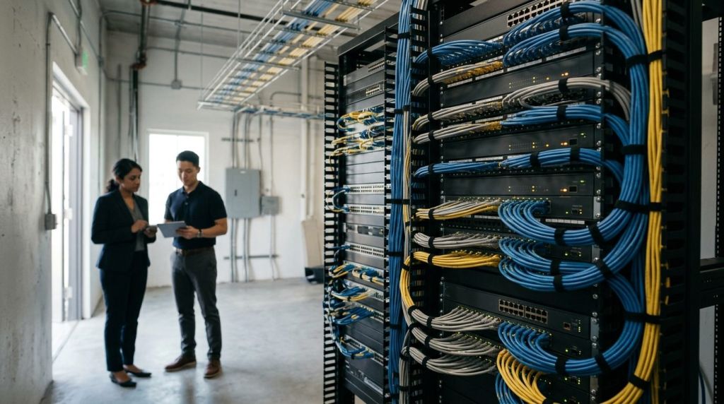 Telecom rack featuring high-density analog VoIP gateways for hotel PBX room connectivity.