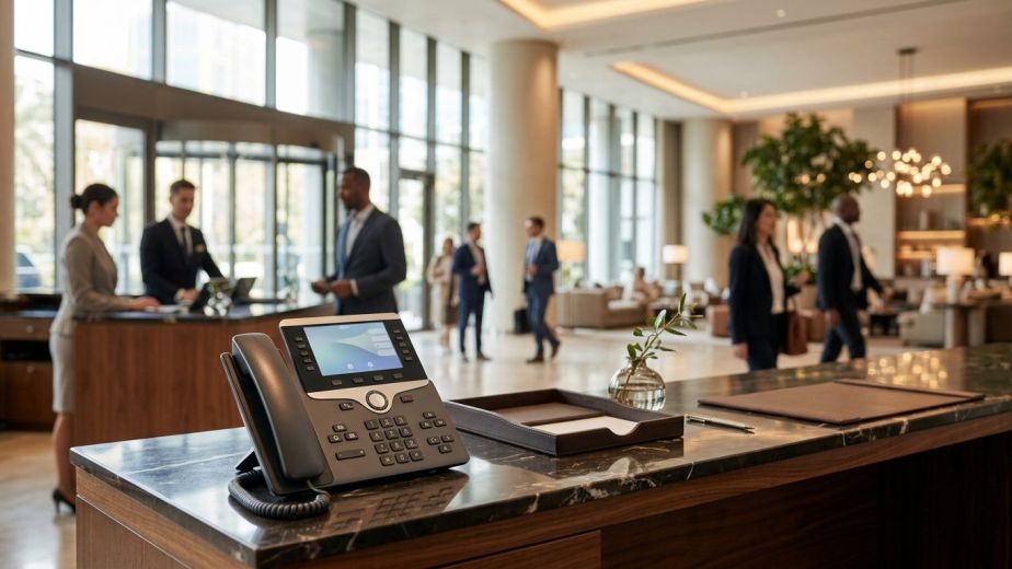 Front desk console displaying modern hotel PBX interface in a luxury hospitality reception area.
