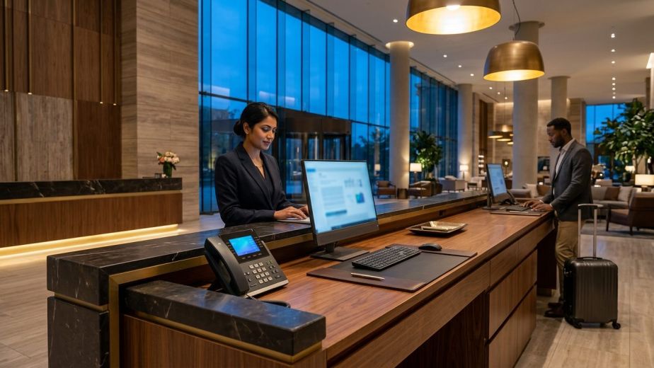 Modern hotel PBX system phone on an executive reception desk with PMS computer terminal in the background.