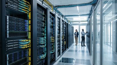 Enterprise data centre rack illustrating how do businesses rate 3cx for call reliability when running it through a third-party hosting provider.