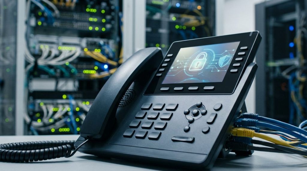 Enterprise IP telephony hardware configured with secure outbound caller ID settings.